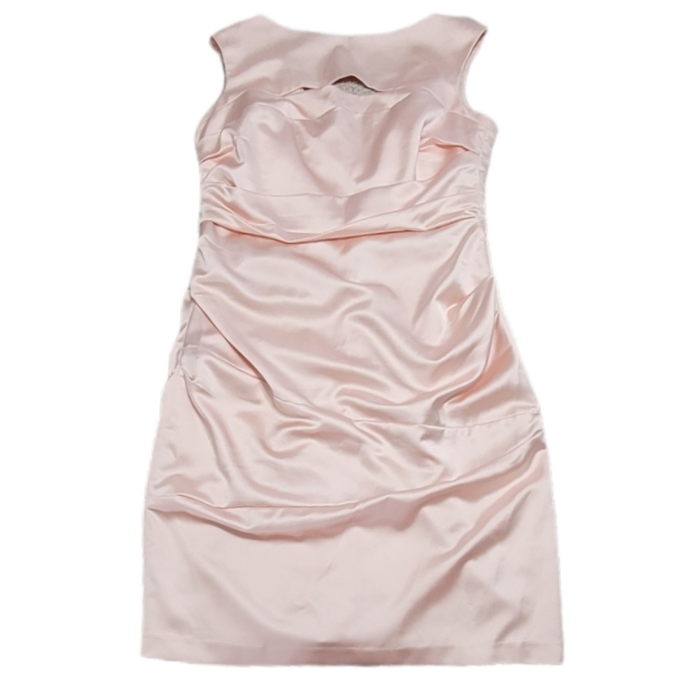 David's Bridal Short Sleeve Petal‎ Stretch Satin Knee Length Dress Sizes 12 & 14